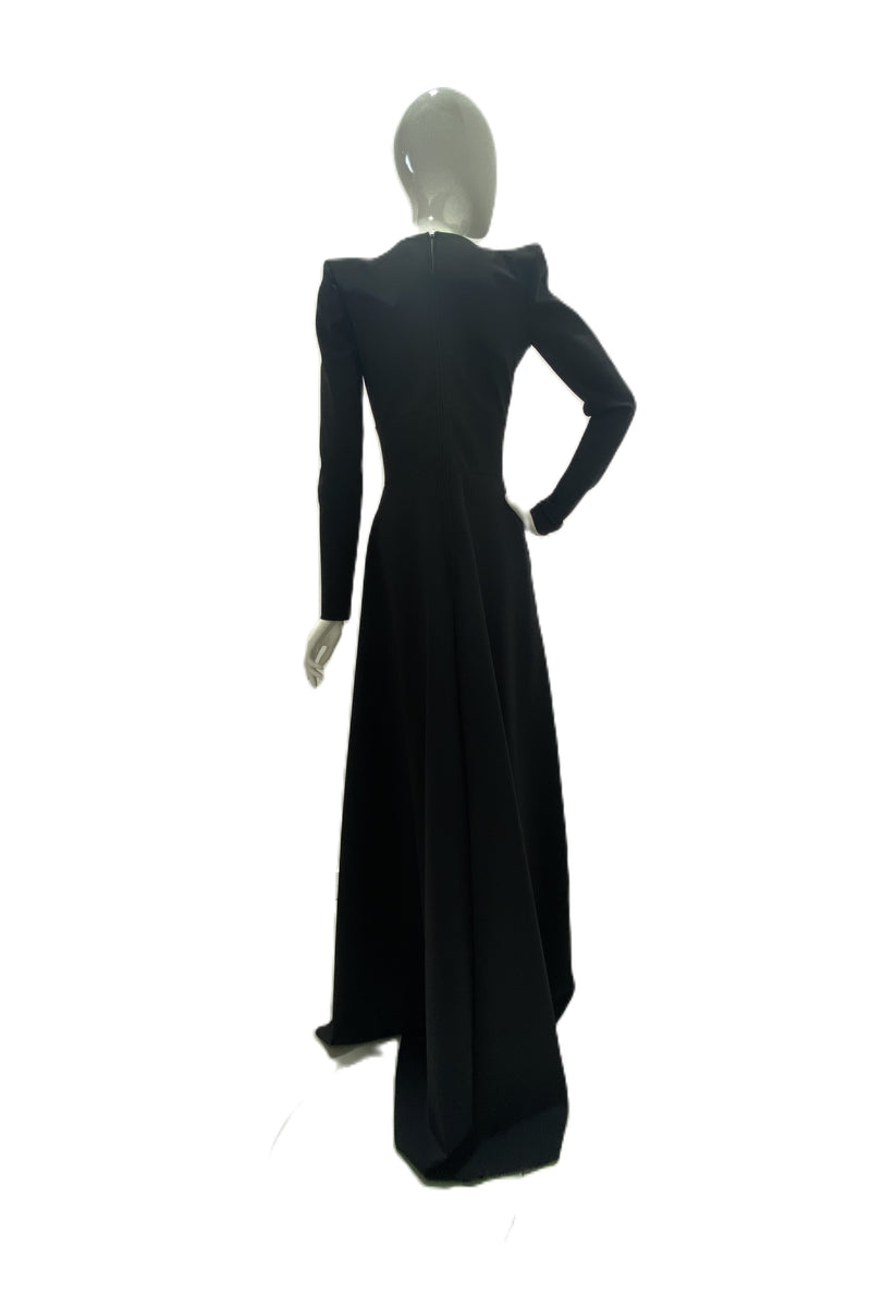 Greta Constantine Matson L/ Sleeve deep V back sharp- shoulder A-Line gown