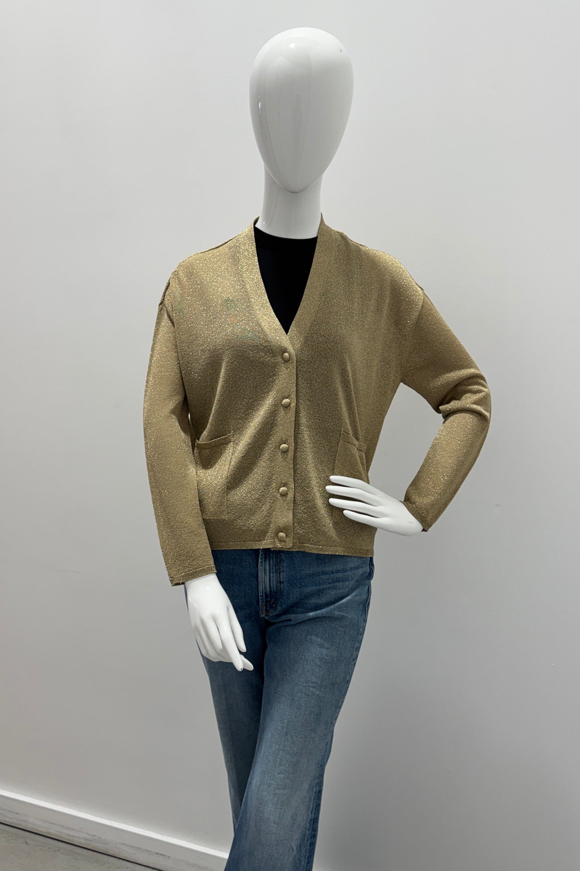 Majestic Filatures Metallic Knit Semi Relaxed L/S Cardigan Metal Antique Gold