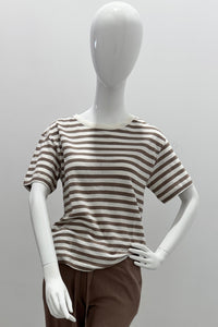 Majestic Filatures Cotton Linen Novelty Stripe S/S Crewneck Coffee Latte