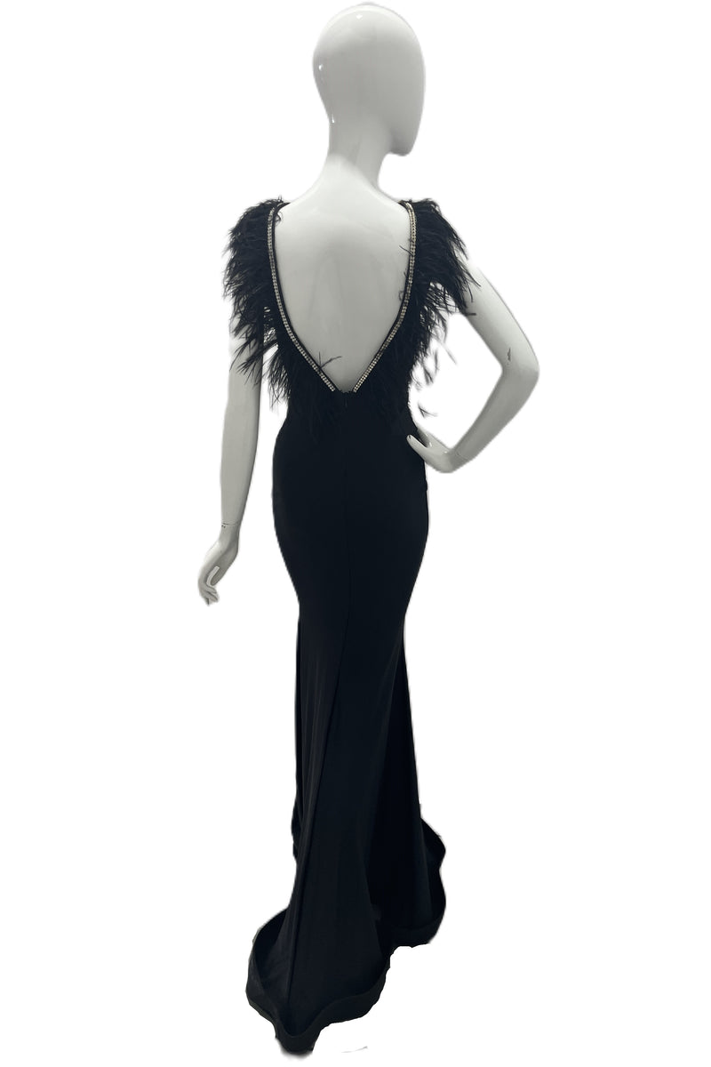 Low V Front/Low V Back Trimmed With Rhinestones And Ostrich Feathers Form Fitting Gown