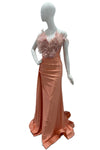 V Neck Gown W/Ruching Slit With Sash & Ostrich Feathers