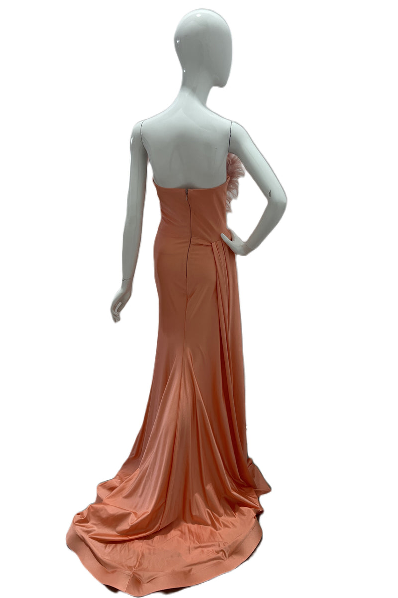 V Neck Gown W/Ruching Slit With Sash & Ostrich Feathers