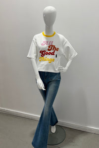 Alice + Olivia Evan Staceface Oversized Crop Tee w/Appliques Off-White