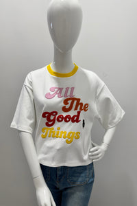 Alice + Olivia Evan Staceface Oversized Crop Tee w/Appliques Off-White