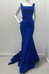 Wide Straps Sequin Form Fitting Gown With Detachable Cummerbund Style Bow