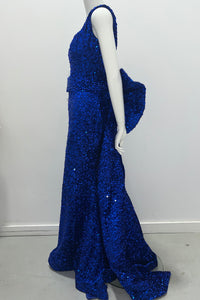 Wide Straps Sequin Form Fitting Gown With Detachable Cummerbund Style Bow