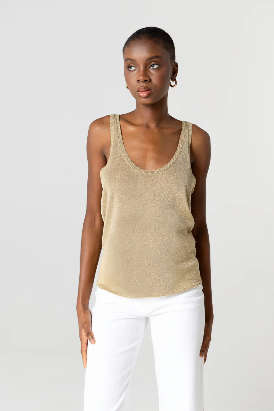 Majestic Filatures Metallic Knit Double Scoopneck Tank Antique Gold