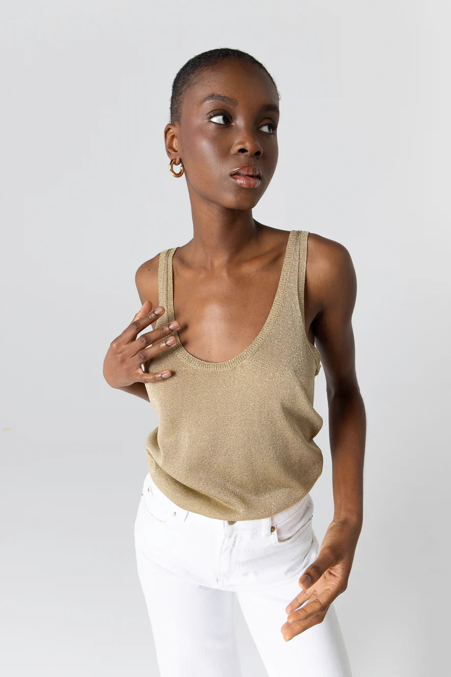Majestic Filatures Metallic Knit Double Scoopneck Tank Antique Gold