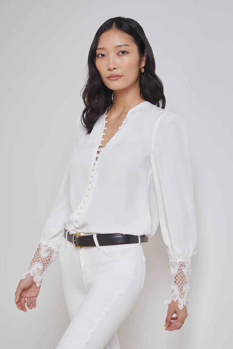 L'Agence Ava Lace Cuff Blouse V Neck Ivory