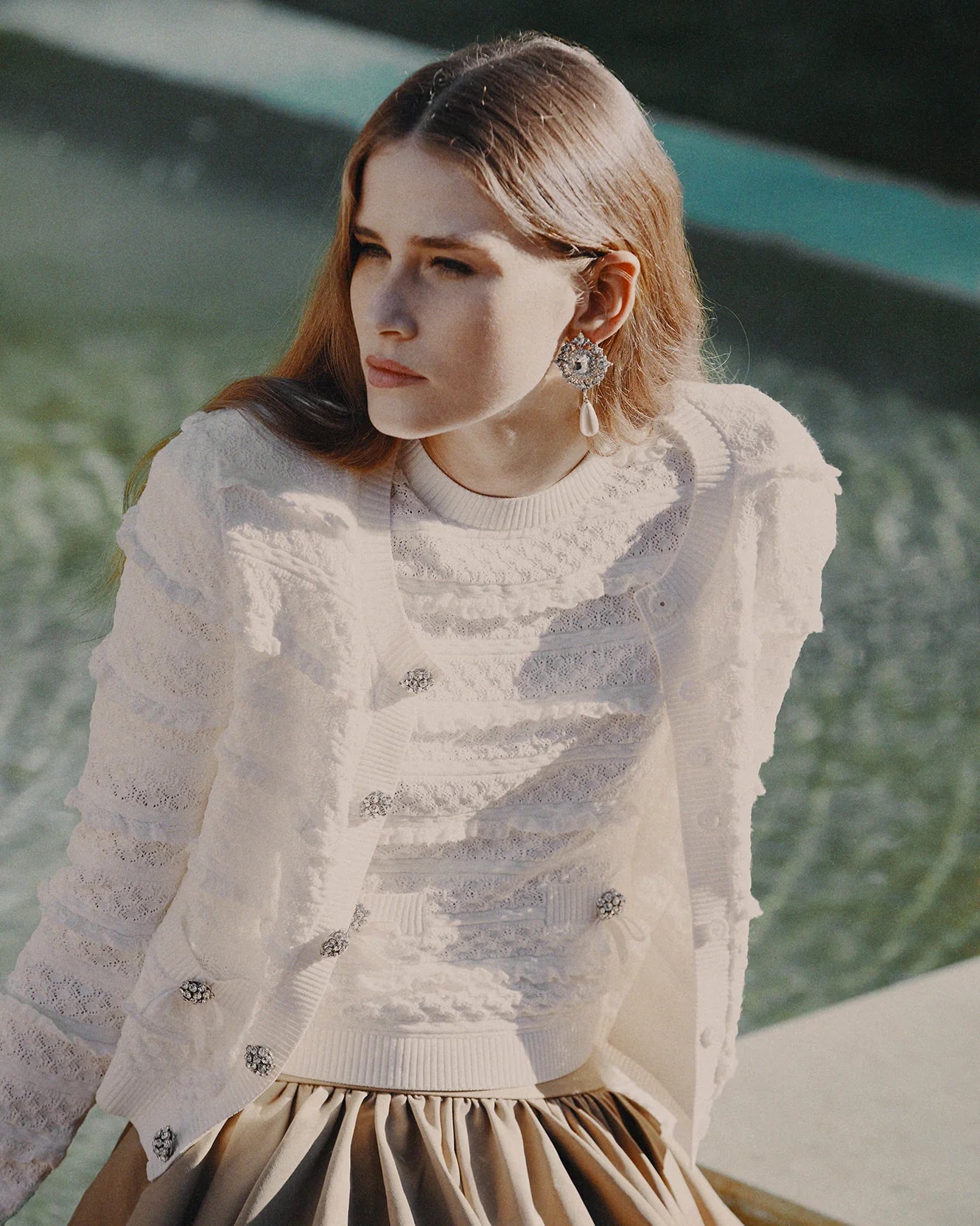 Cardigan blanc pointelle avec diamants Self-Portrait