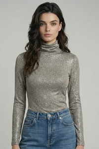 Majestic Filatures Soft Touch Metallic Long-Sleeve Turtleneck - Golden Ecru Chine