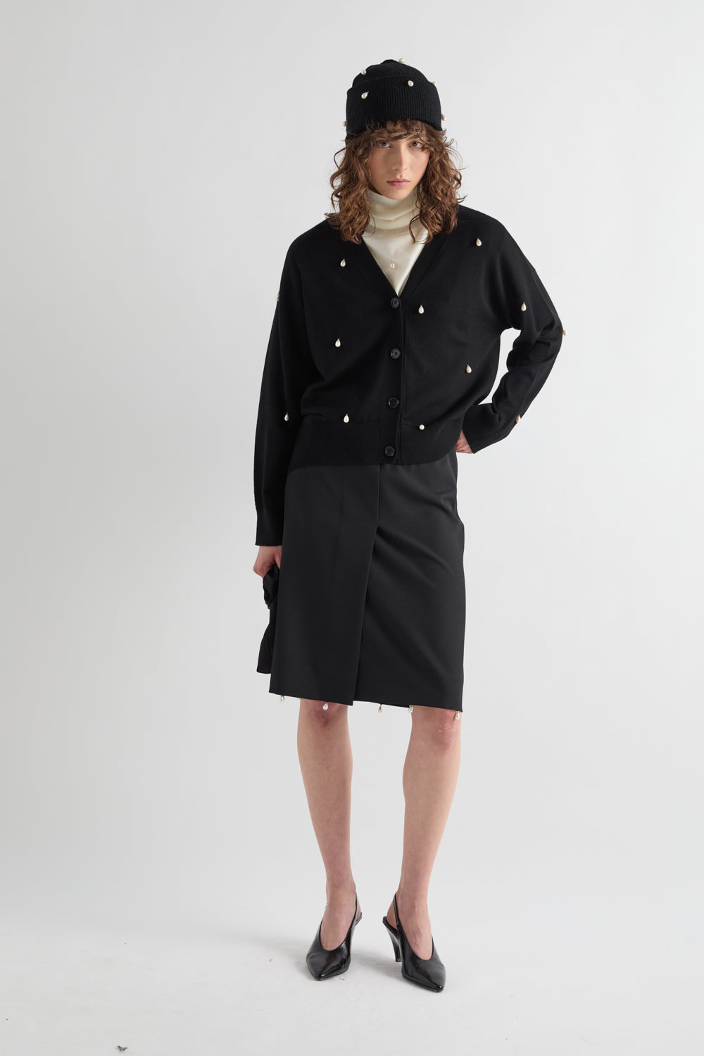 Meimeij Cardigan à col en V avec perles - Noir