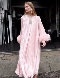 Robe midi en chiffon métallique rose à plumes Self-Portrait