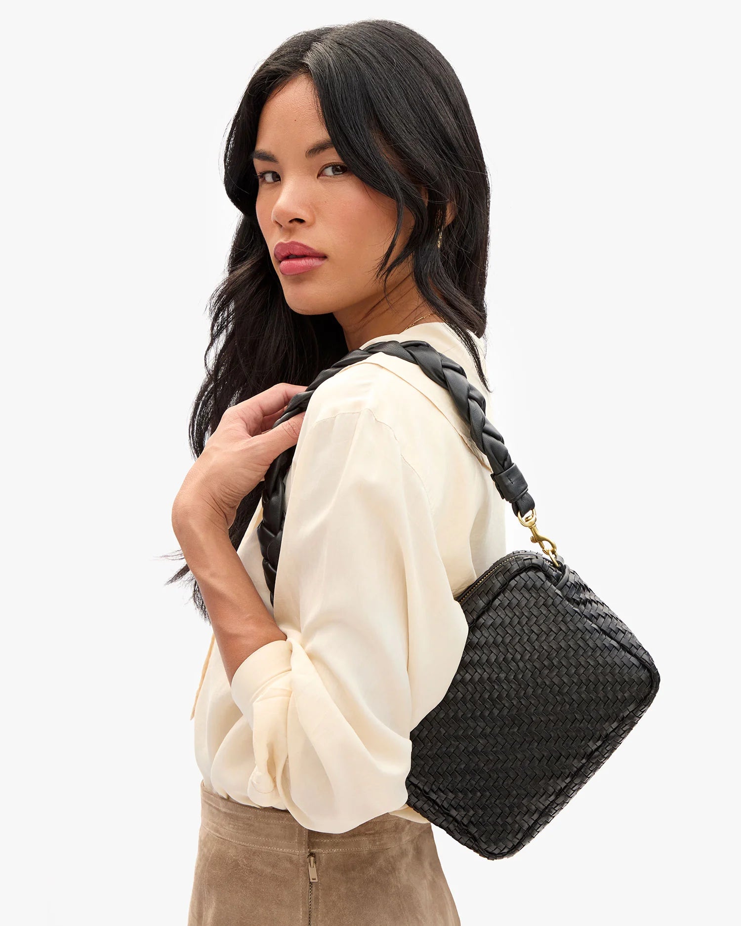 Clare V Shoulder Strap Black Braided Nappa