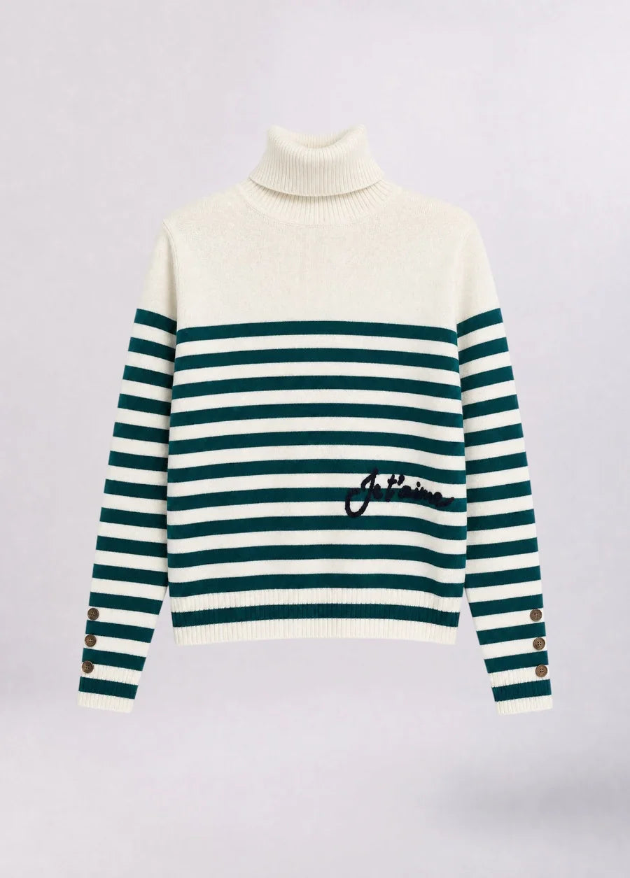 Pull à col roulé rayé Liu Jo White avec broderie - Bco Lana Green