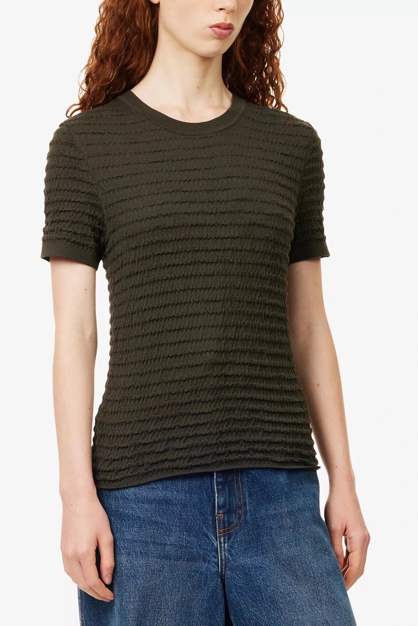 Frame The Smocked Short-Sleeve Sweater - Rich Military