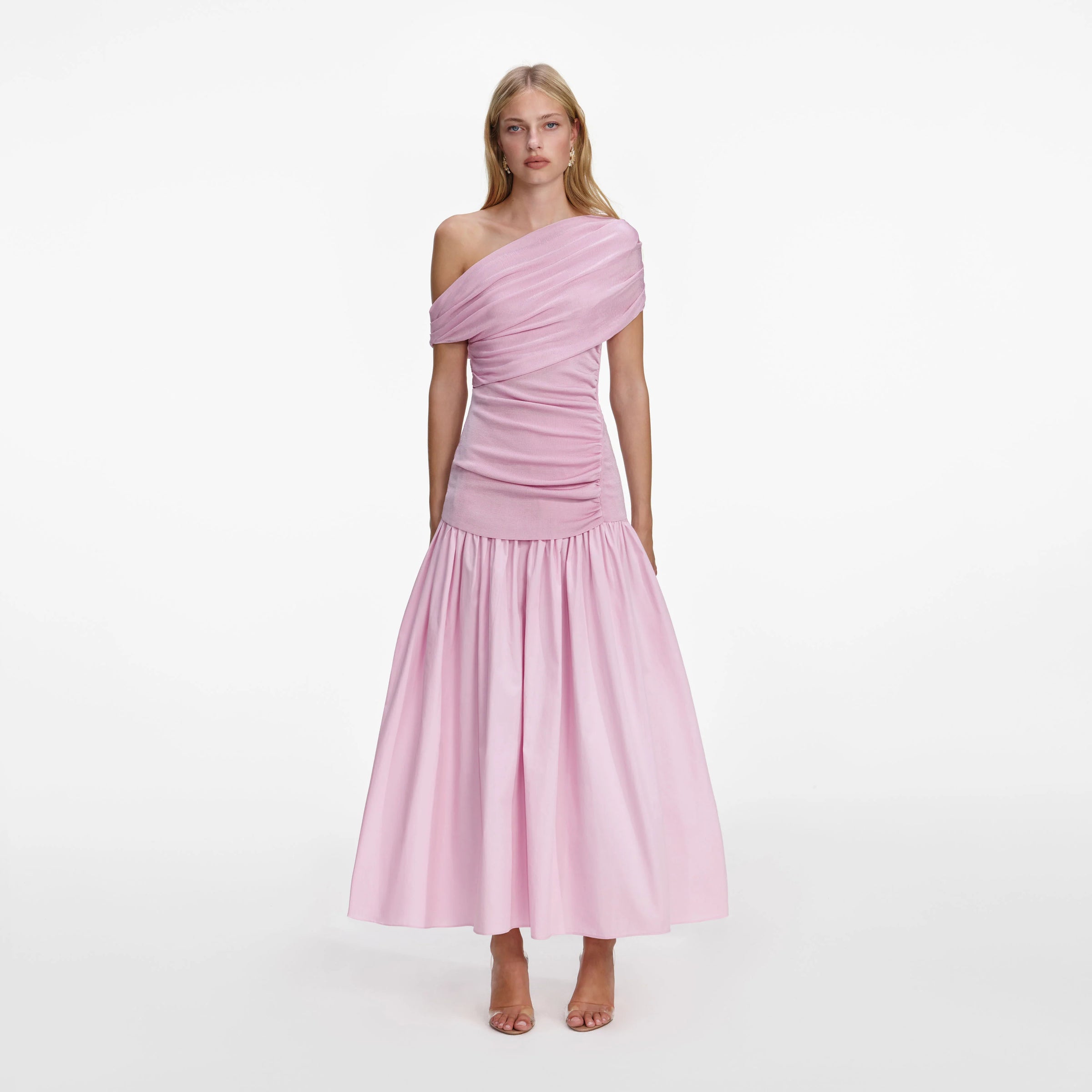 Self-Portrait Pink Cotton Draped Knit Midi Dress