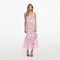 Self-Portrait Pink Crochet Lace Midi Dress