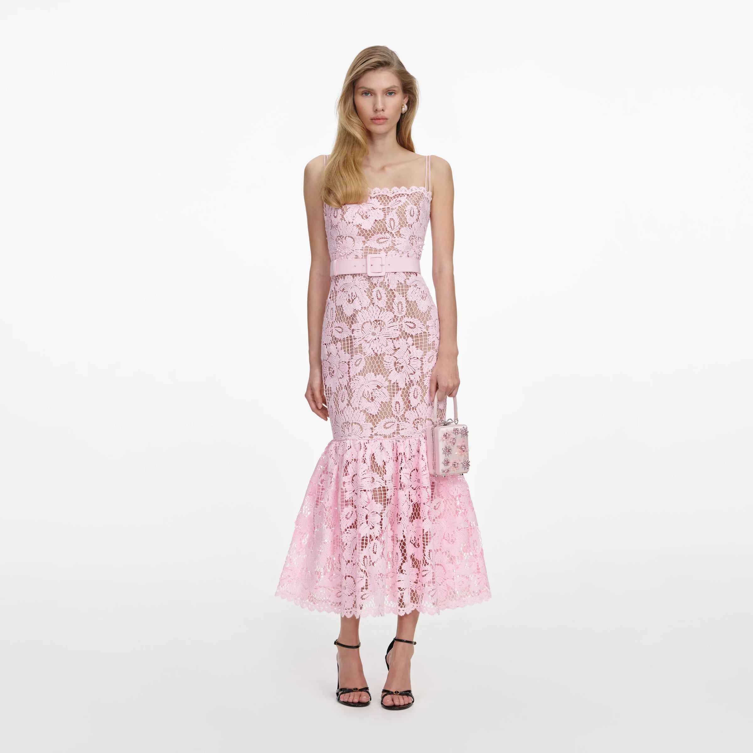 Self-Portrait Pink Crochet Lace Midi Dress