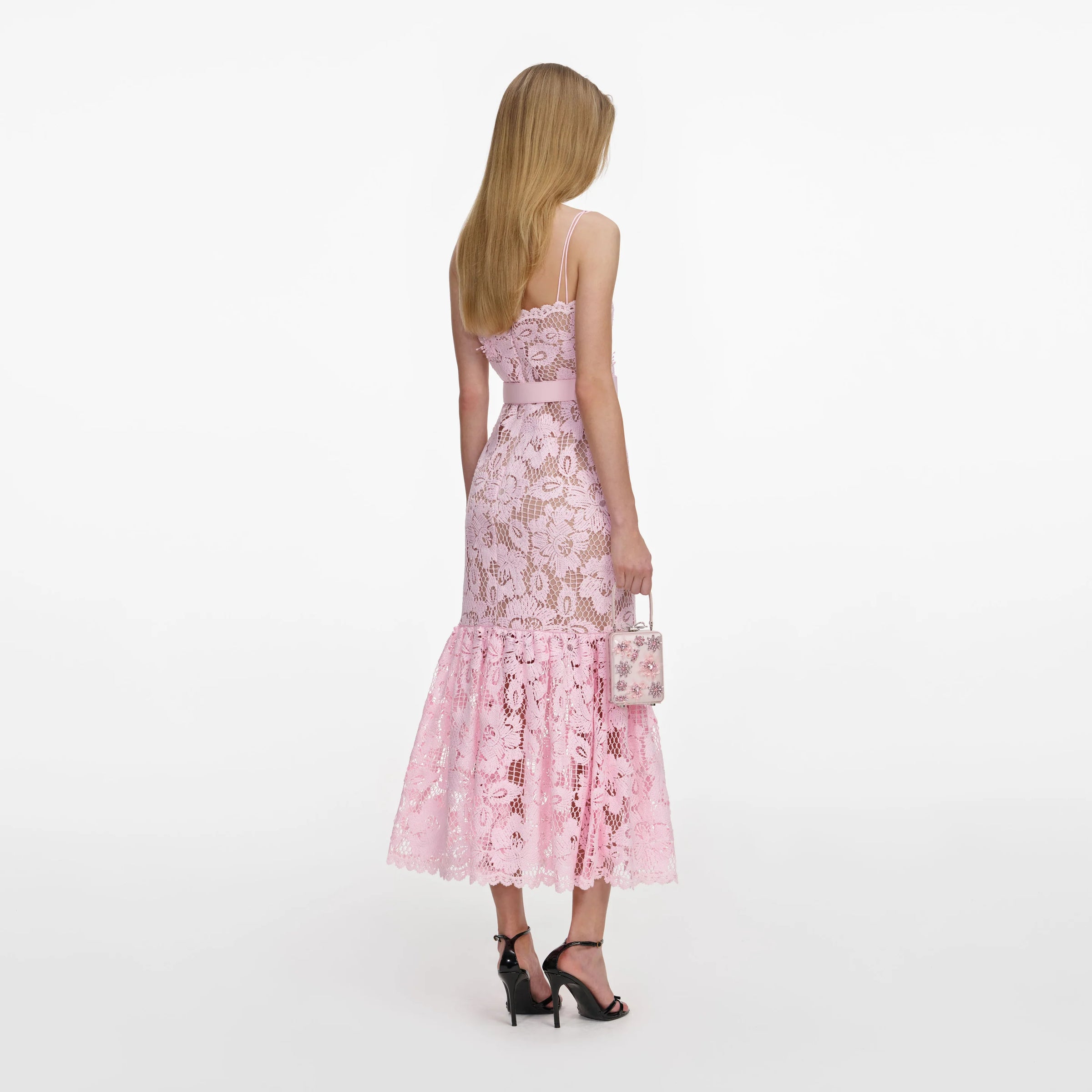Self-Portrait Pink Crochet Lace Midi Dress