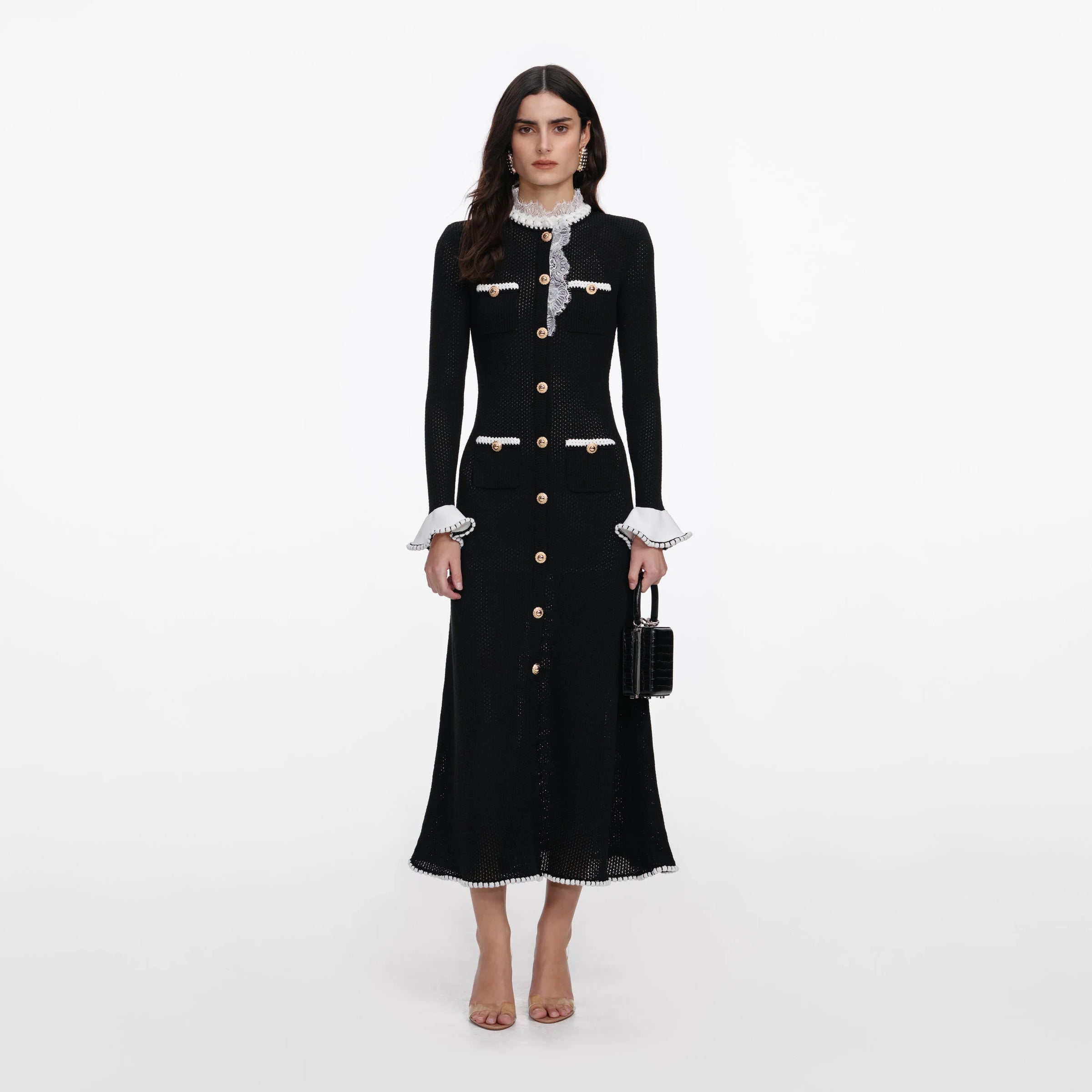 Robe midi en maille noire avec bordure en dentelle Self-Portrait