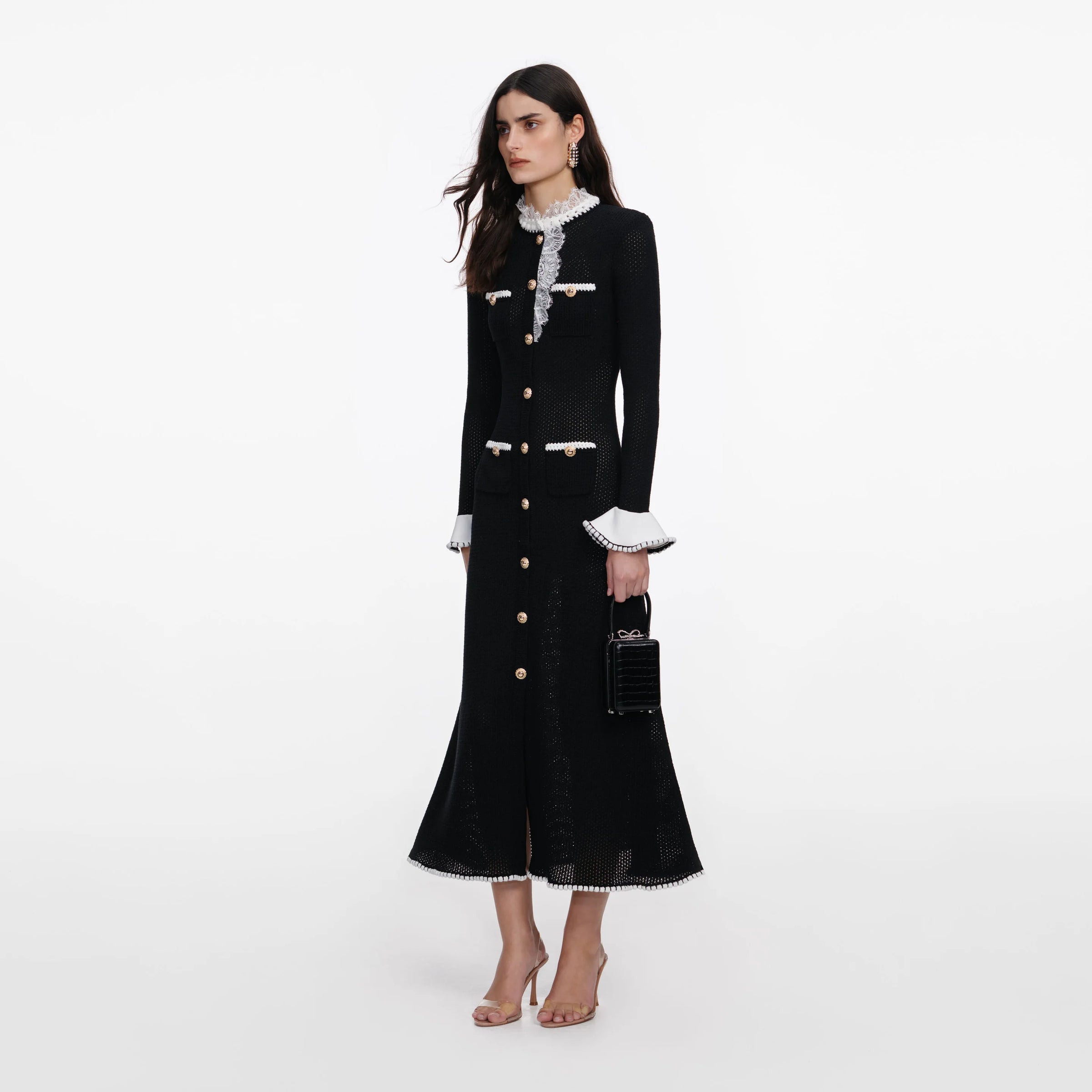 Robe midi en maille noire avec bordure en dentelle Self-Portrait