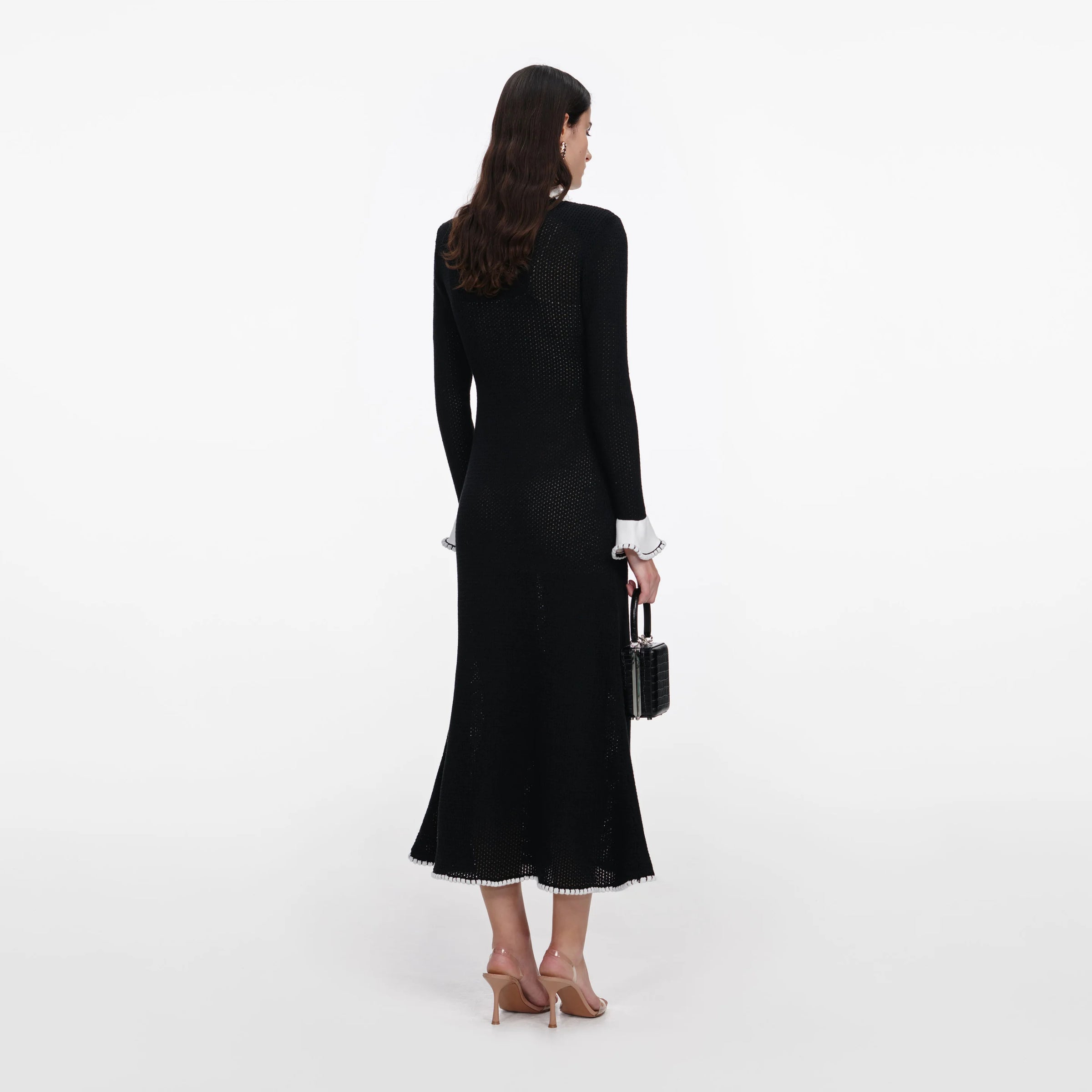 Robe midi en maille noire avec bordure en dentelle Self-Portrait