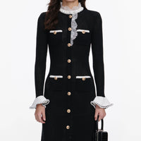 Robe midi en maille noire avec bordure en dentelle Self-Portrait