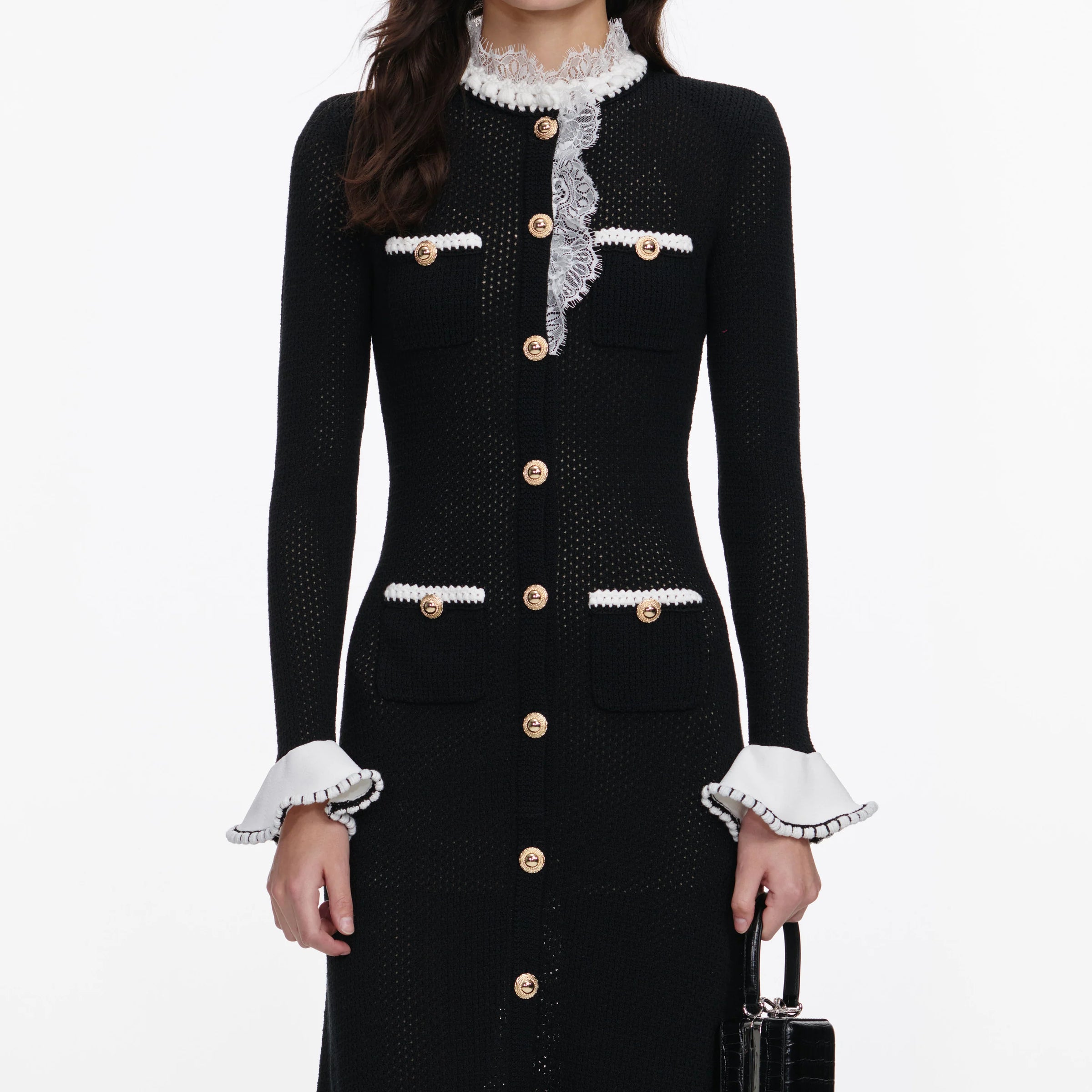 Robe midi en maille noire avec bordure en dentelle Self-Portrait