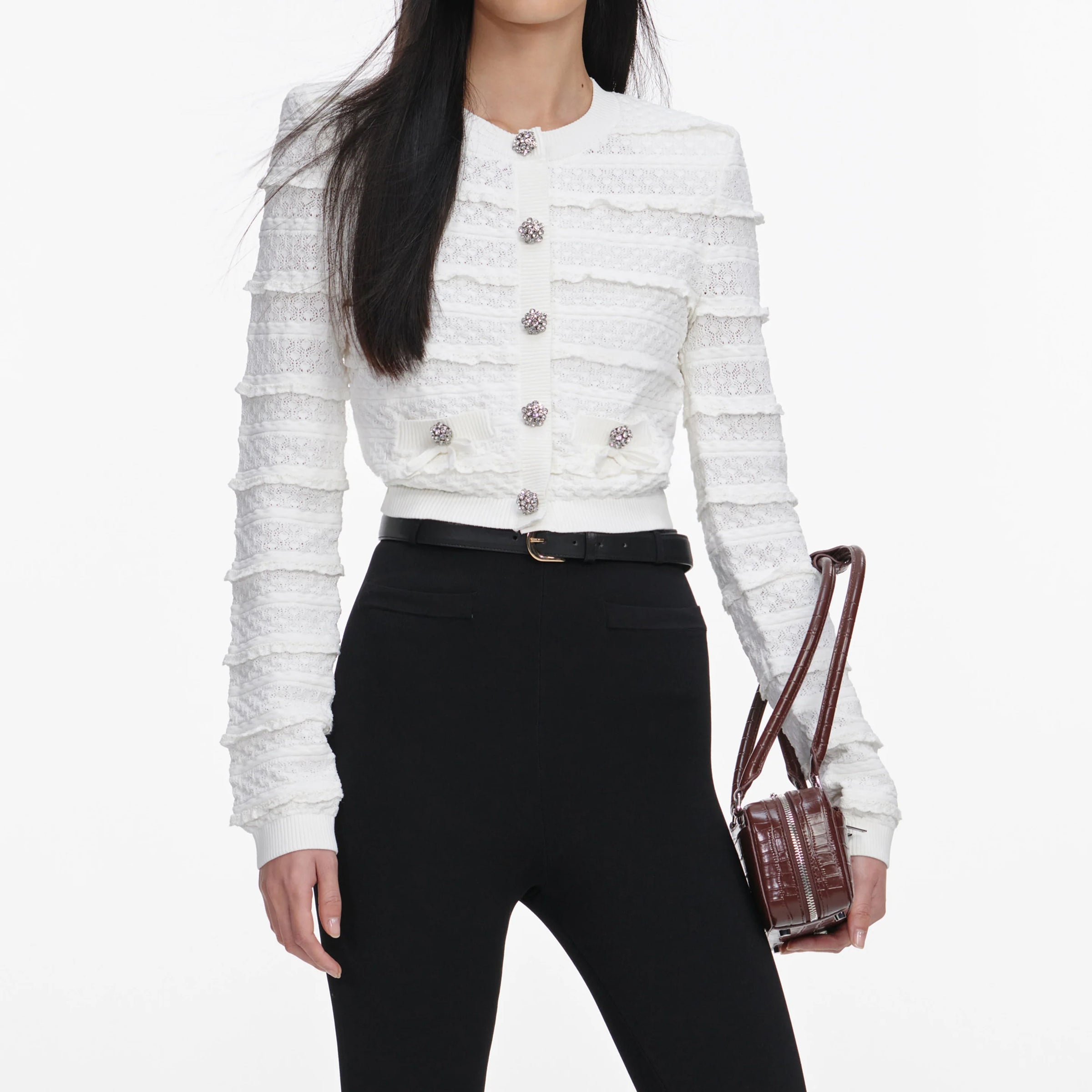 Cardigan blanc pointelle avec diamants Self-Portrait