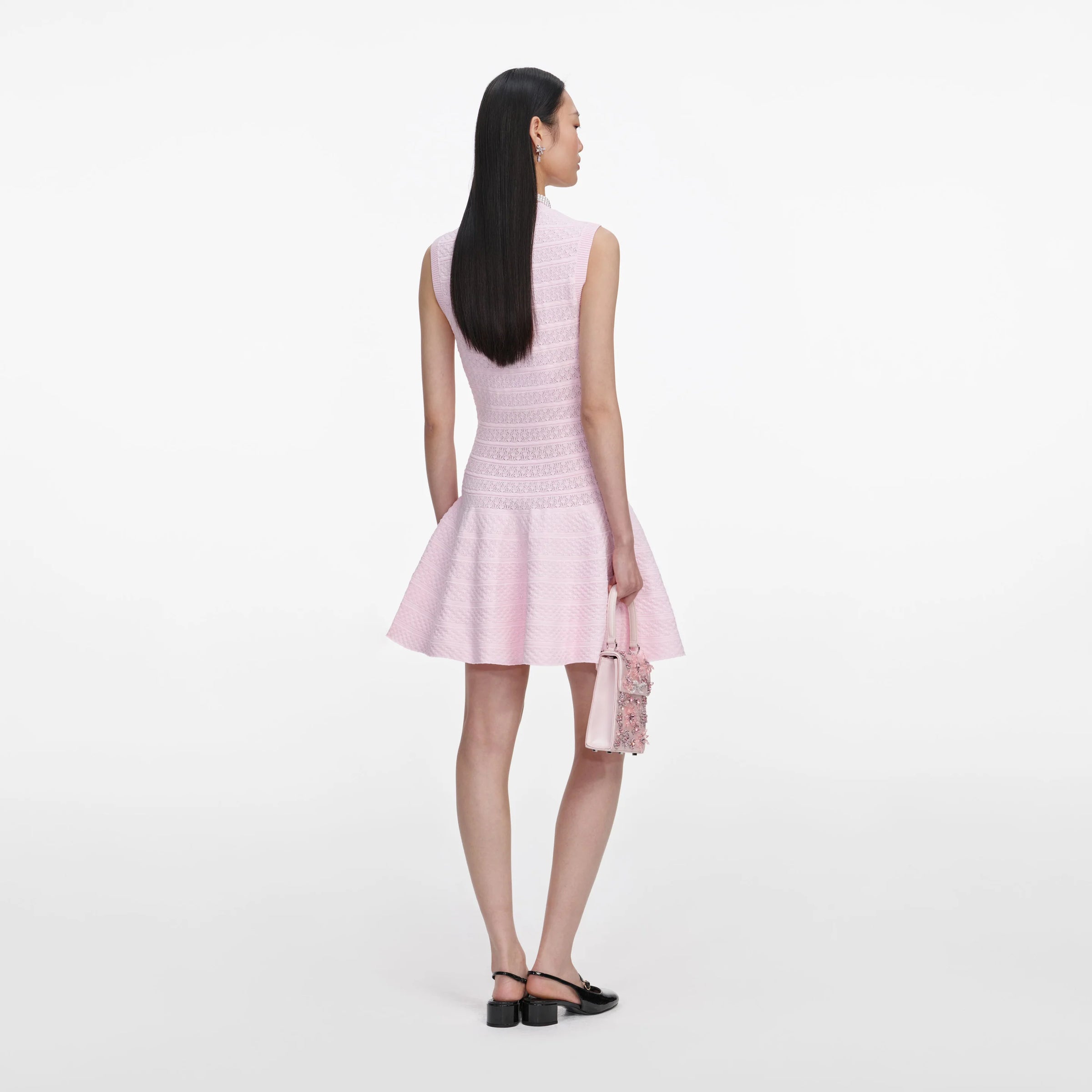 Self-Portrait Pink Pointelle Diamante Knit Mini Dress