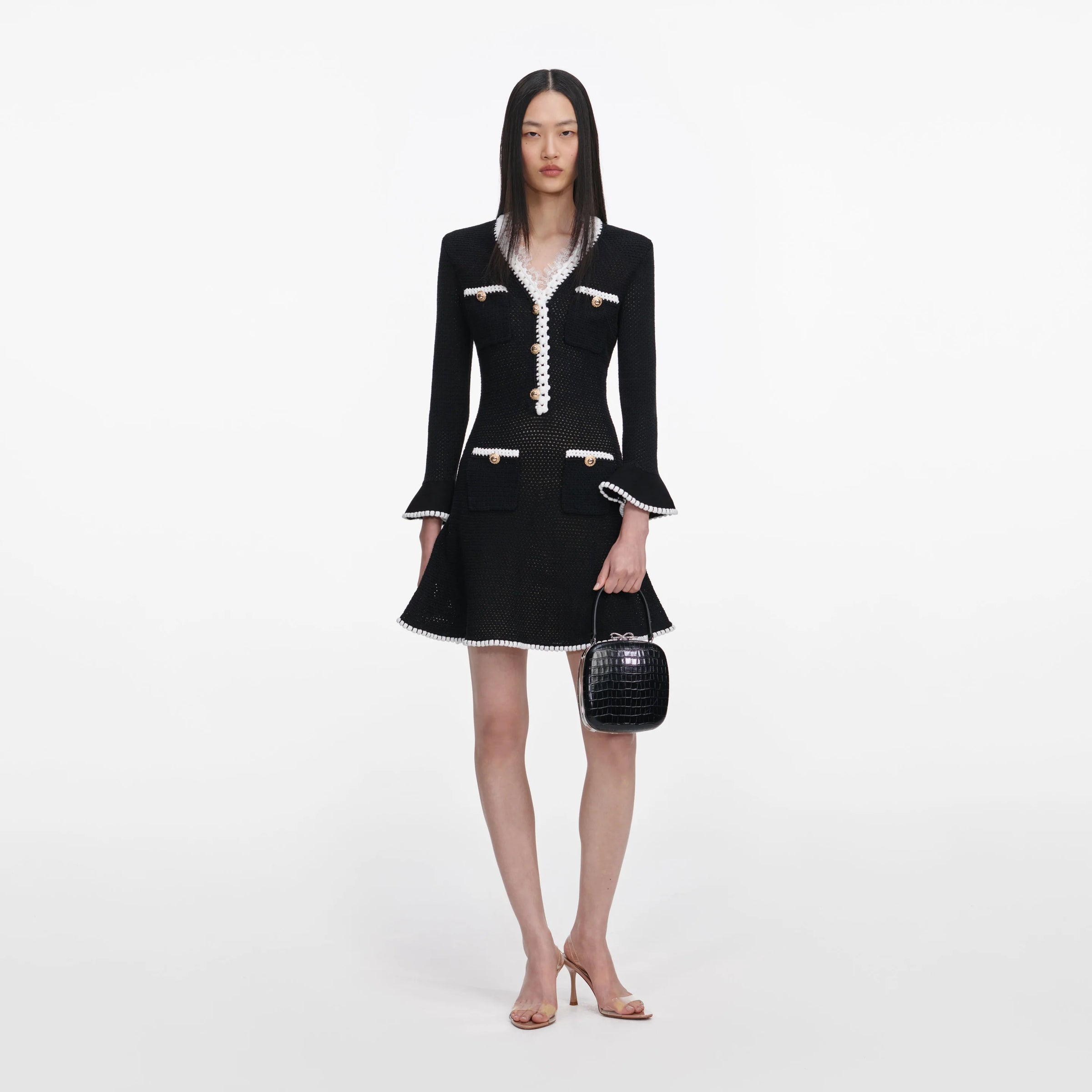 Mini-robe en maille noire avec bordure en dentelle Self-Portrait