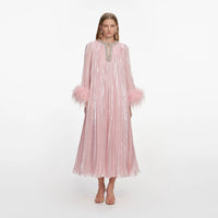 Robe midi en chiffon métallique rose à plumes Self-Portrait