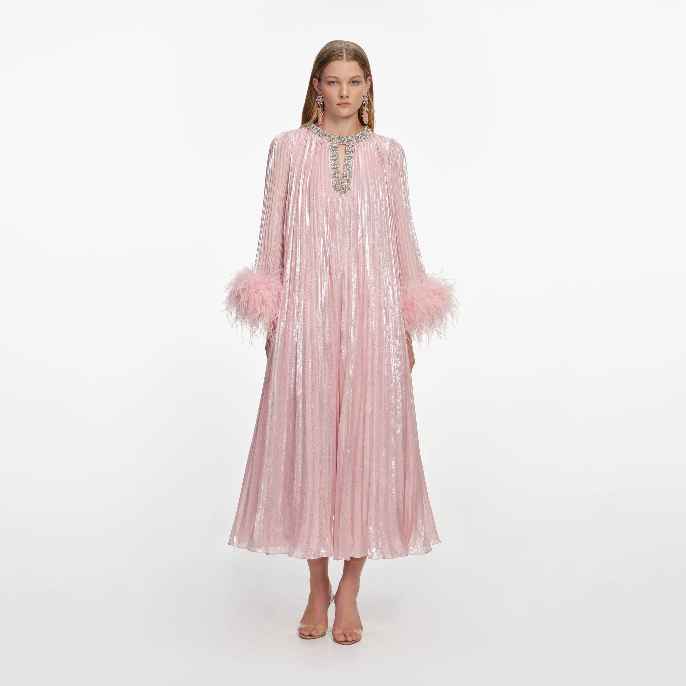 Robe midi en chiffon métallique rose à plumes Self-Portrait