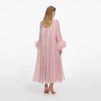 Robe midi en chiffon métallique rose à plumes Self-Portrait