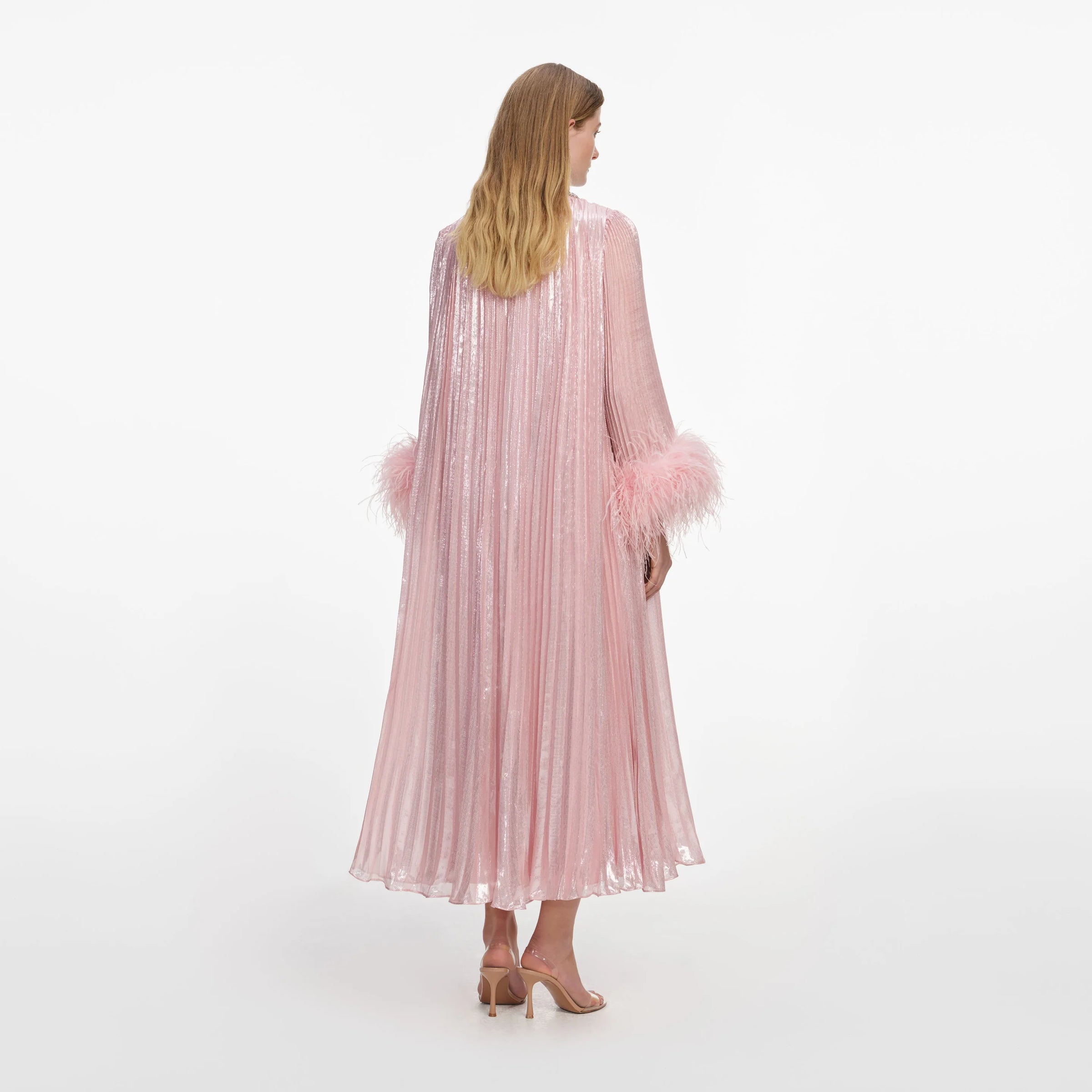 Robe midi en chiffon métallique rose à plumes Self-Portrait