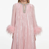 Robe midi en chiffon métallique rose à plumes Self-Portrait