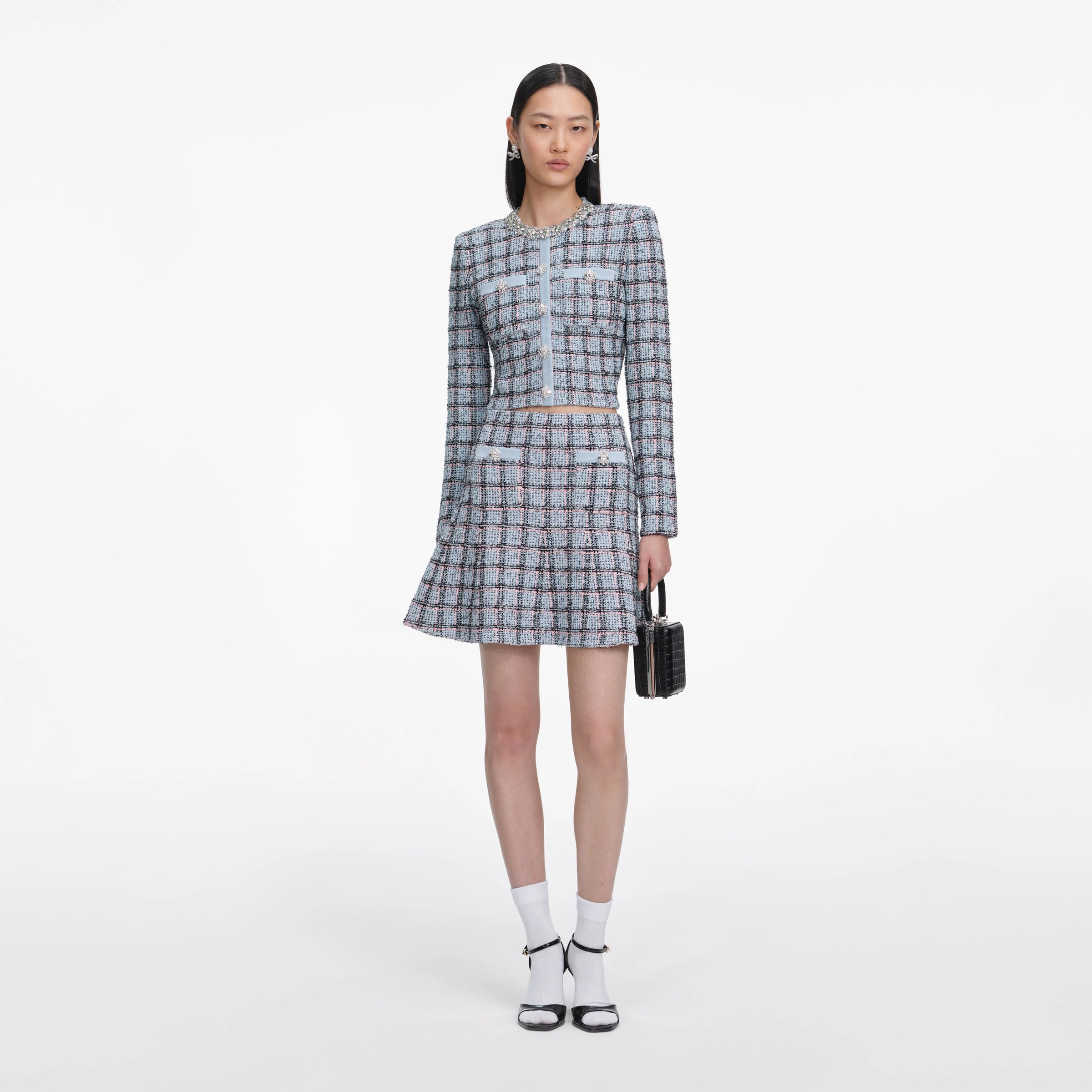 Self-Portrait Blue Check Knit Mini Skirt