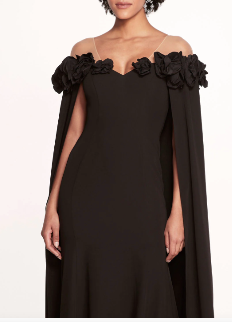 Marchesa Notte Off the Shoulder Cape Gown with Flower Appliques