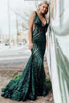 Plunging Neckline Open Back Cut Out Sequins Gown