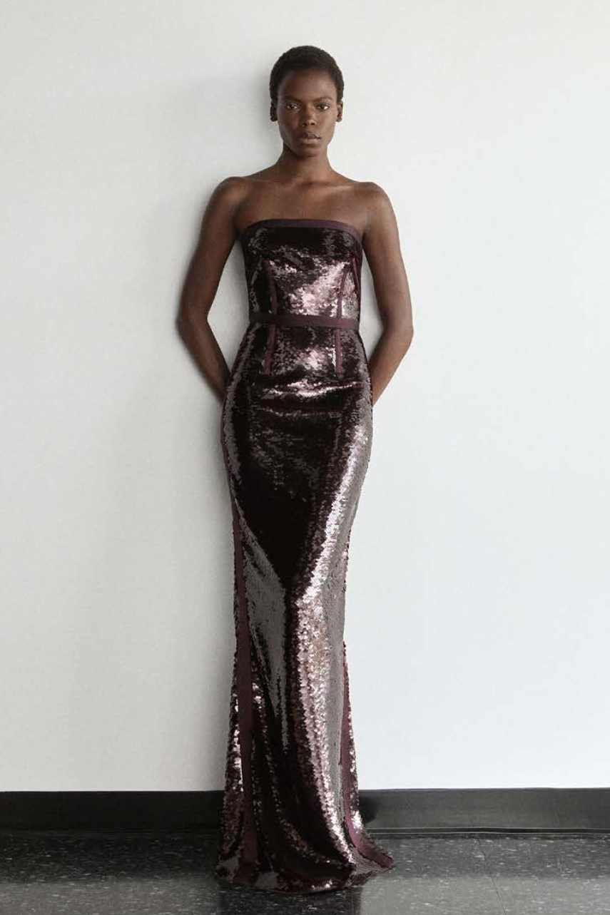 Greta Constantine Reagarden Strapless Column Gown with Contrast Seam Burgundy/Mahogany