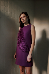 Catherine Regehr Sleeveless Jewel Neck Arak Dress W/ Narrow Plume & Crystals Plum