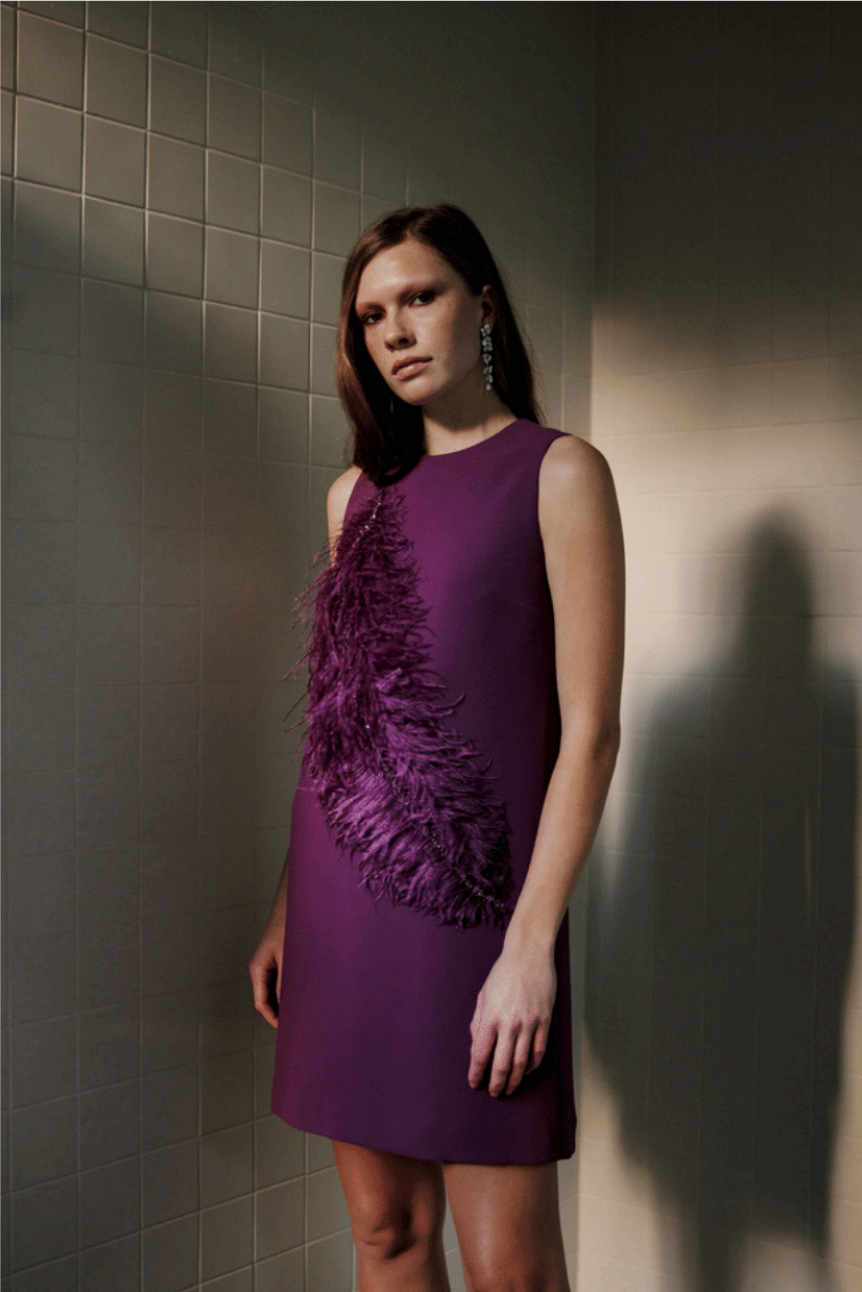 Catherine Regehr Sleeveless Jewel Neck Arak Dress W/ Narrow Plume & Crystals Plum