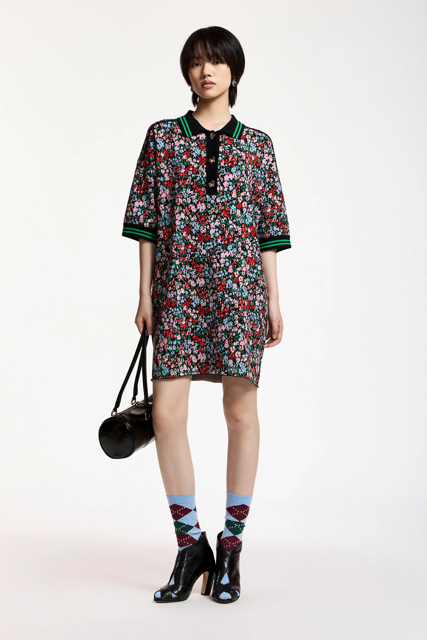 Essentiel Antwerp Kartos Floral-Print Polo with Bow Buttons Flower Multi