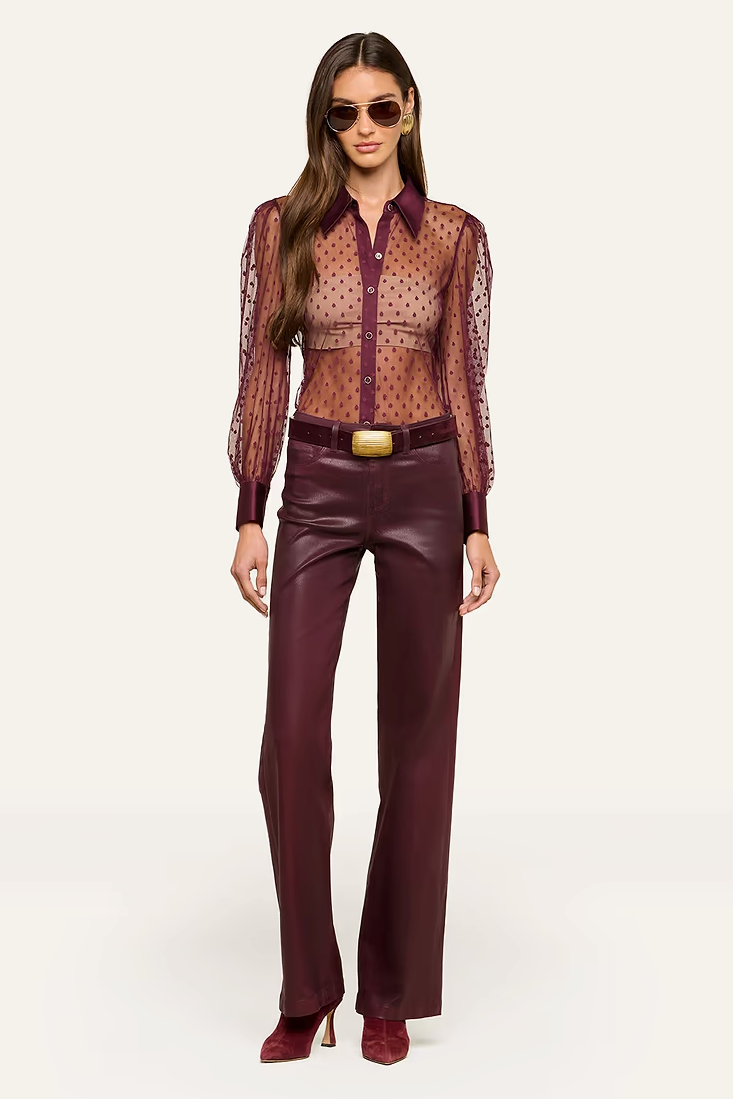 L'Agence Sophie Long-Sleeve Blouse Deep Sangria Swiss Dot