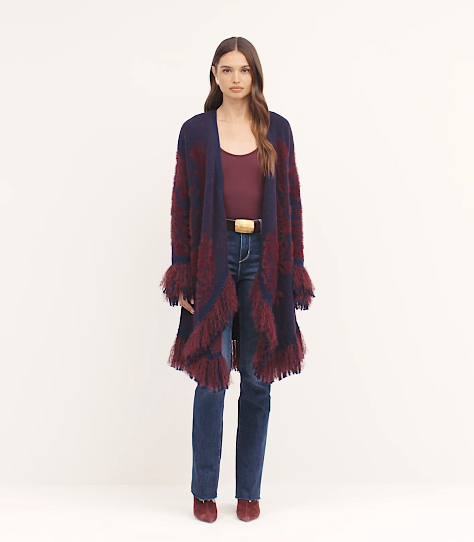 L'Agence Naiad Jacquard Fringe Cardigan Midnight/Burgundy Jacquard
