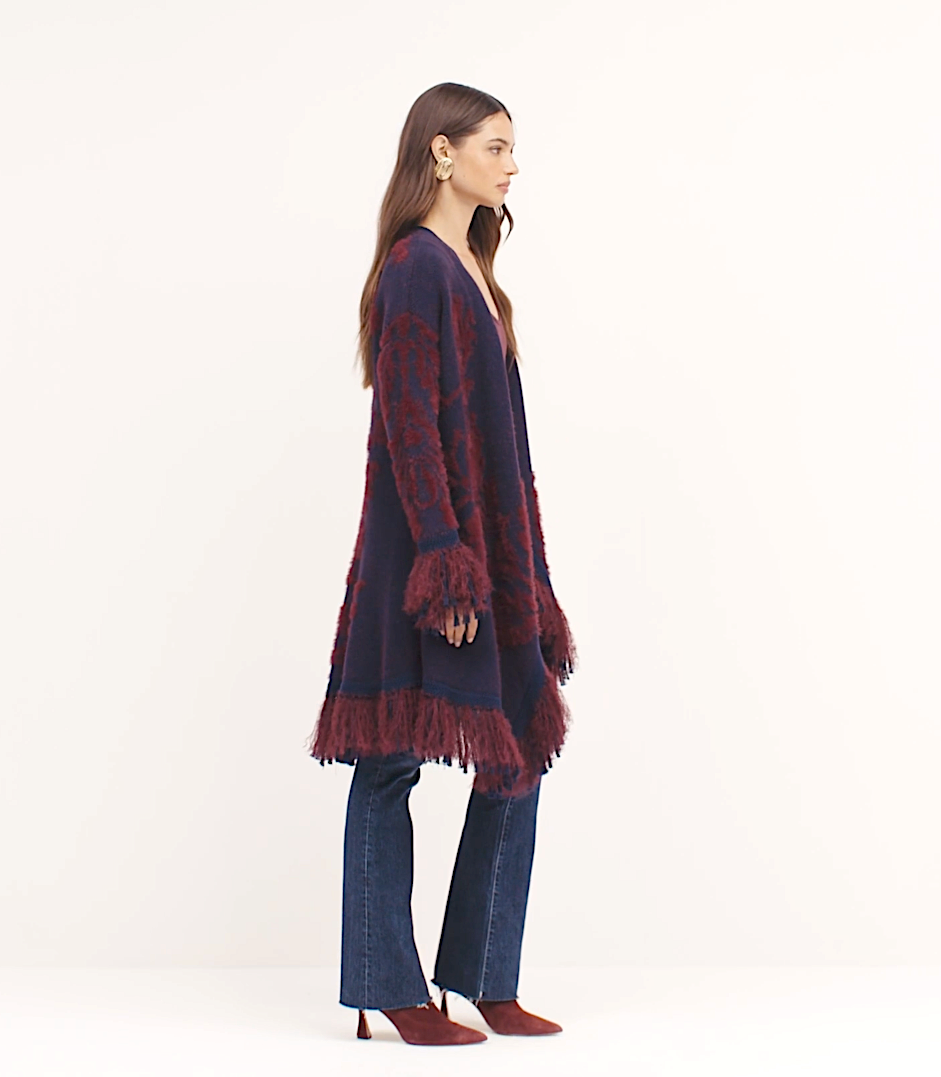 L'Agence Naiad Jacquard Fringe Cardigan Midnight/Burgundy Jacquard