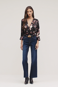 L'Agence Dani 3/4 Sleeve Blouse Black/Mauve With Small Distressed Rose