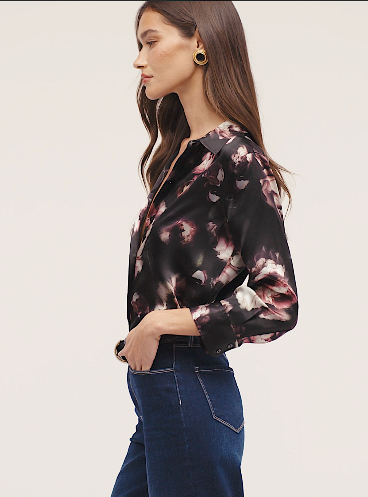 L'Agence Dani 3/4 Sleeve Blouse Black/Mauve With Small Distressed Rose