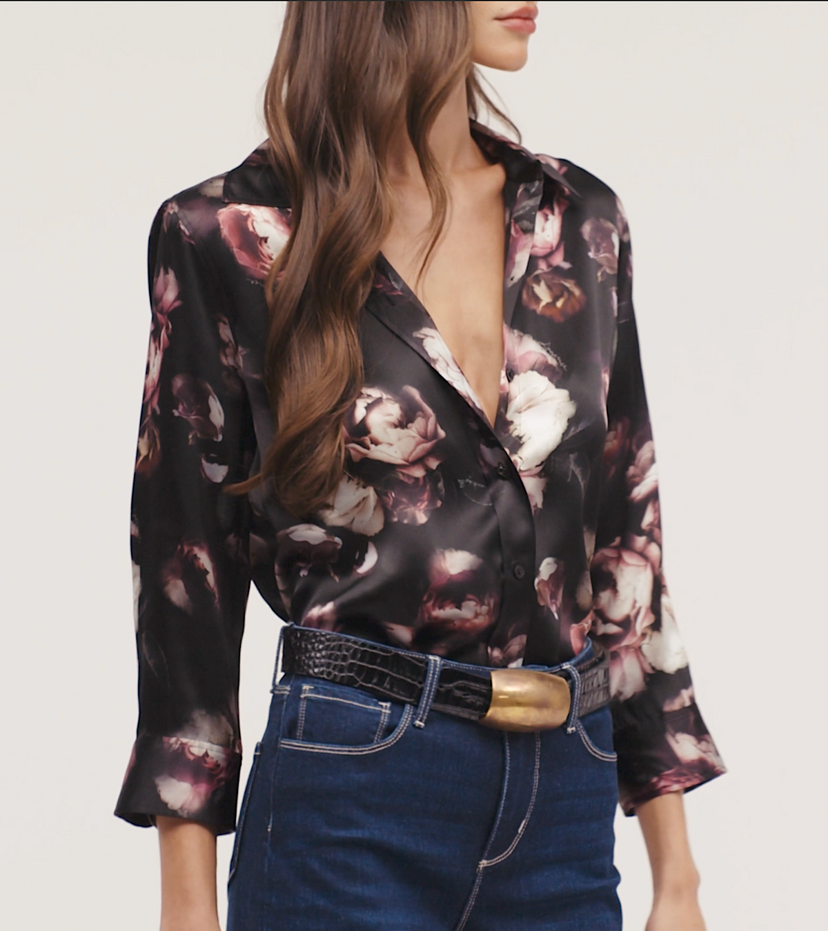 L'Agence Dani 3/4 Sleeve Blouse Black/Mauve With Small Distressed Rose